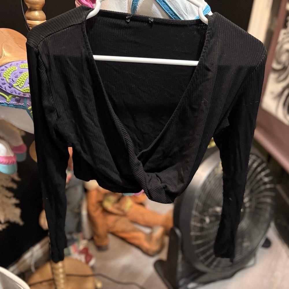 Source Unknown Black 3/4 Sleeve Wrap Bodysuit